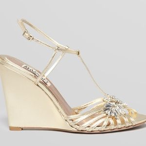 Badgley Mischka Naomi gold metallic wedge shoes heel jeweled crystal leather